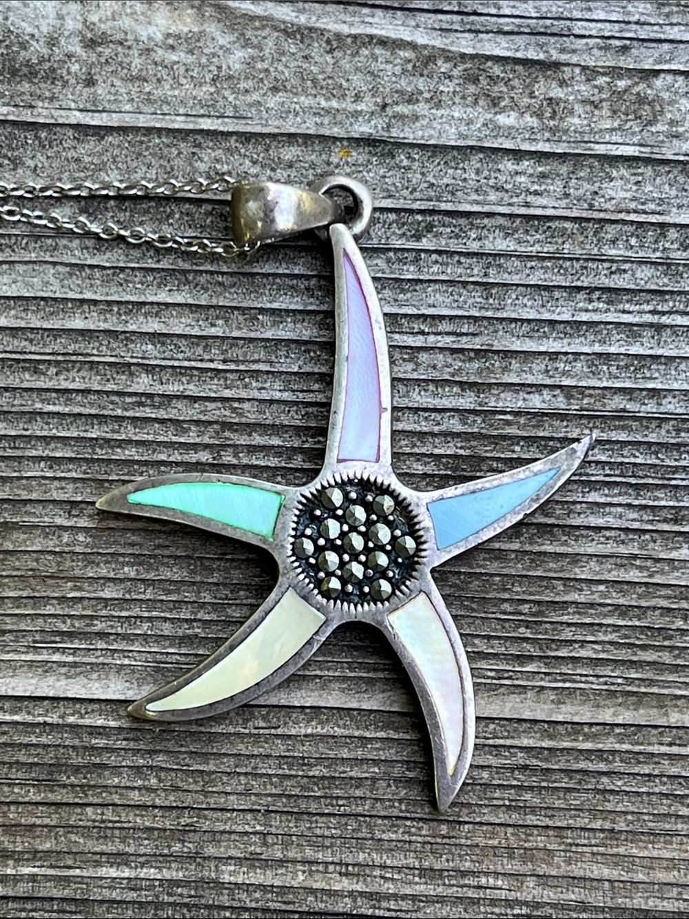 Vintage Sterling Silver Starfish Pendant with Multi-Colour Inlay Marcasites